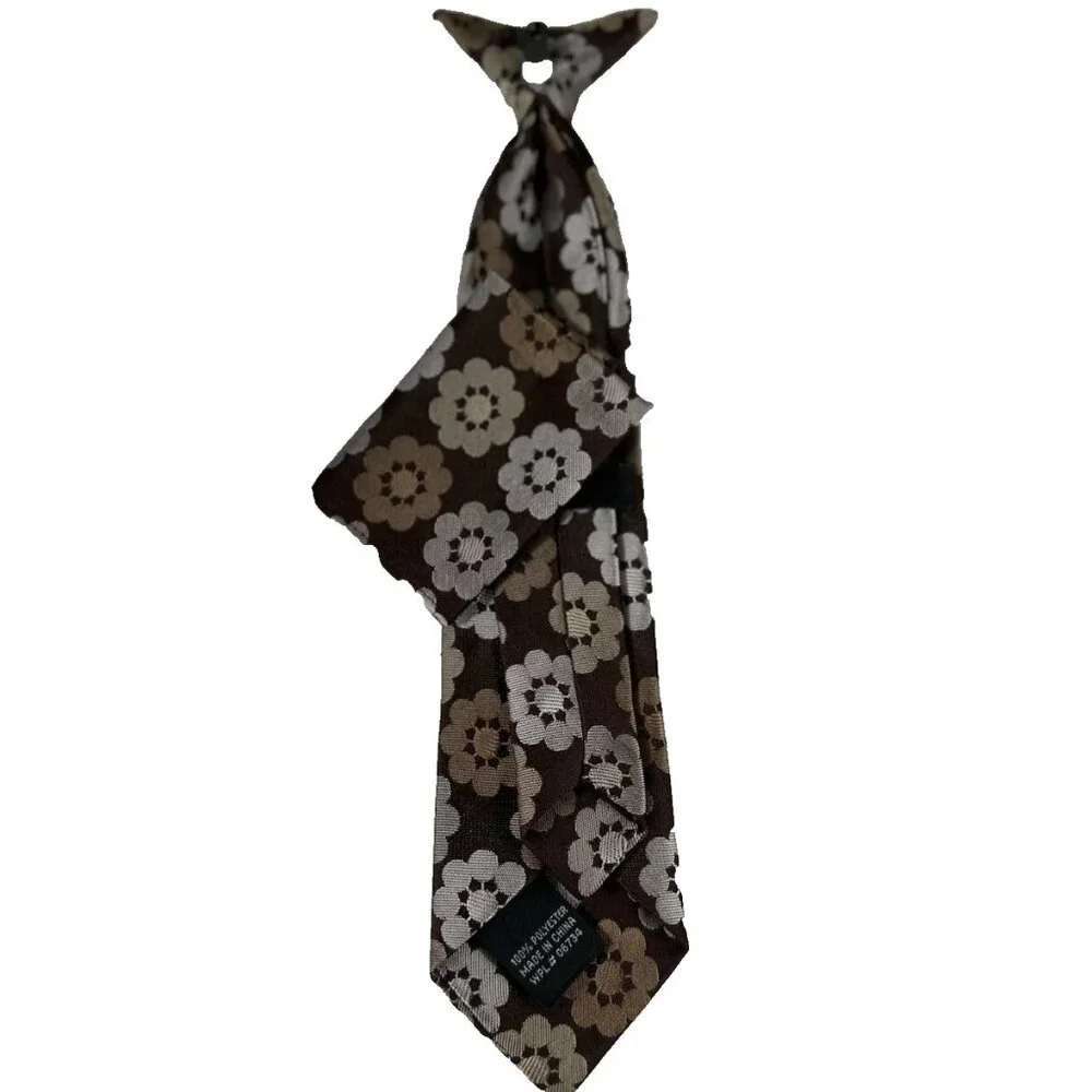 Boy's Clip-on Tie Hanky Brown Silver Floral Pattern Polyester 2.75